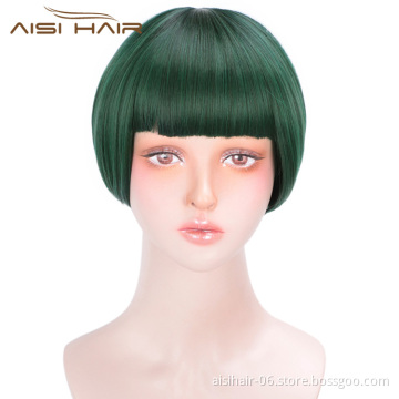 Aisi Hair Short Straight Hair Bob Wigs Synthetic Cosplay Short Wigs Heat Resistant Fiber Green Short Bob Wigs for Women